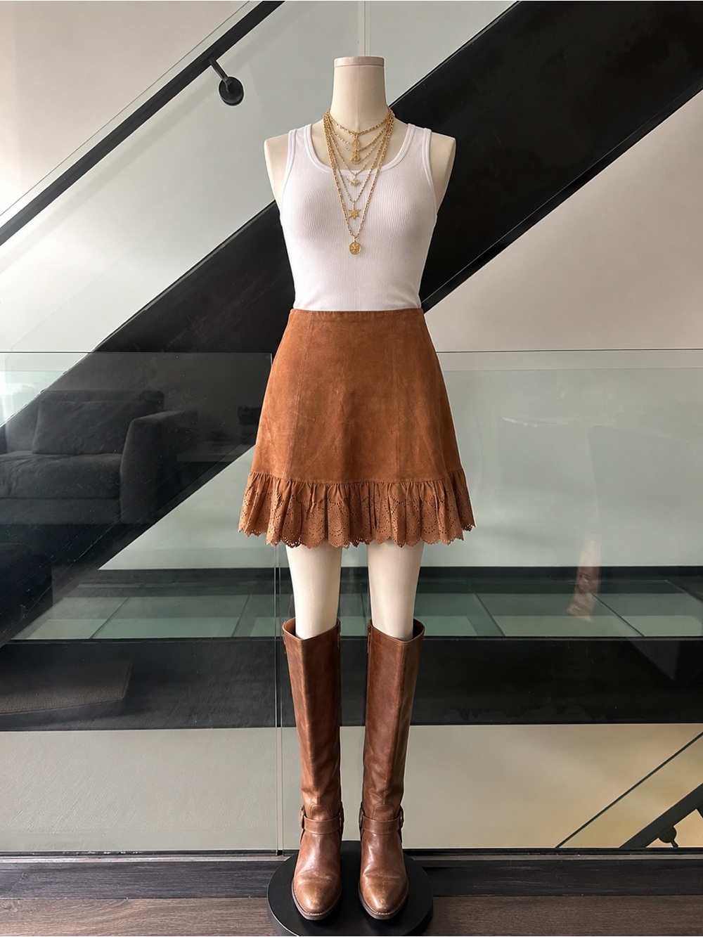 elevenses Cognac Suede Ruffle-Hem Mini Skirt